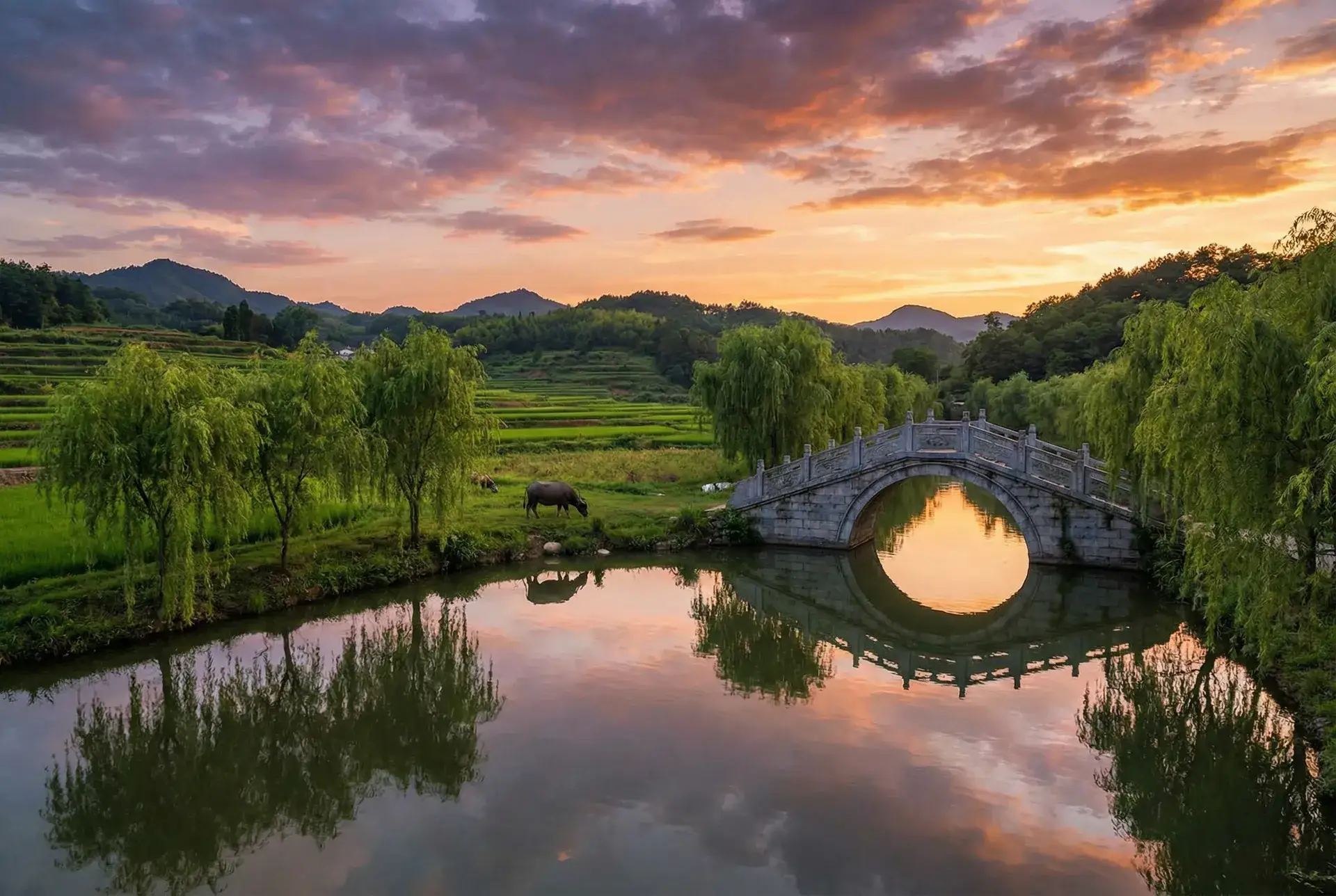 夕阳下的石拱桥与垂柳，水牛在河边吃草 - 毒牙 乡村美景